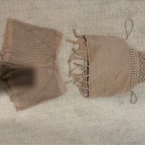 Tan Crochet Halter Top and Shorts Set bp xxs